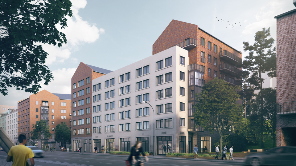Flerbostadshus i olika kulörer och storlekar vid Bolidenvägen. Människor i rörelse, biltrafik. Illustration